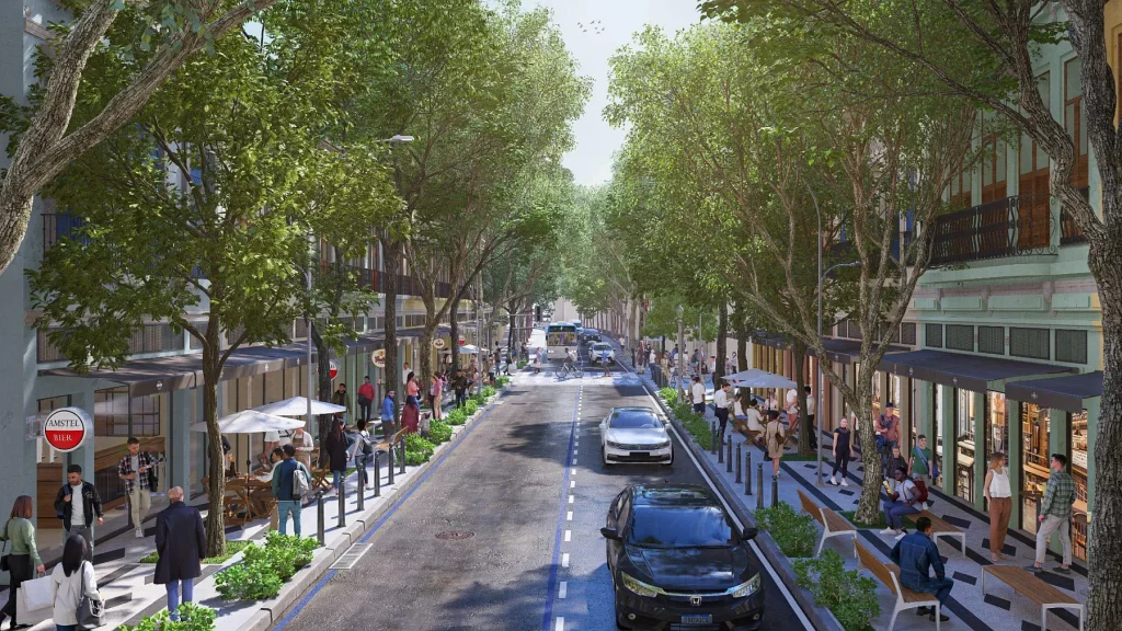 Arte do Projeto da Rua da Cerveja:  alargamento das calçadas em três metros e boulevard na área onde estão as cervejarias devem transformar o cenário (Crédito: Prefeitura do Rio de Janeiro / Divulgação)
