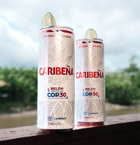 Cerveja na COP30: embalagem da Caribeña ilustrada por selo da COP30. (Imagem: Reprodução/Instagram)
