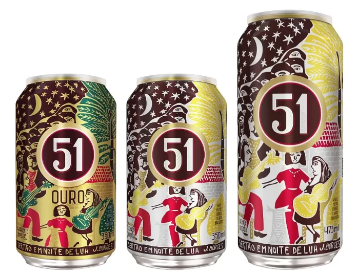 Lata da Cachaça 51 Ouro inspirada nas gravuras de J. Borges foi embalagem comemorativa da festa de São João em 2025 (Créditos: Divulgação / Cia. Müller)