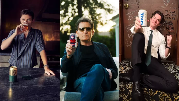 Tom Holland, Charlie Sheen e John Mulaney estão apostando em cervejas sem álcool (Crédito: Divulgação)