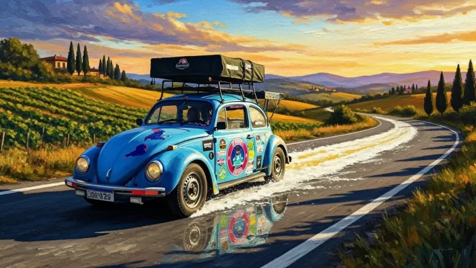 No Expedição Malte, Rodrigo Castelhano viaja em um fusquinha 1974, que saiu do Ushuaia em direção ao Alasca, sempre visitando cervejarias (Crédito: Imagem criada por IA / Wisk)