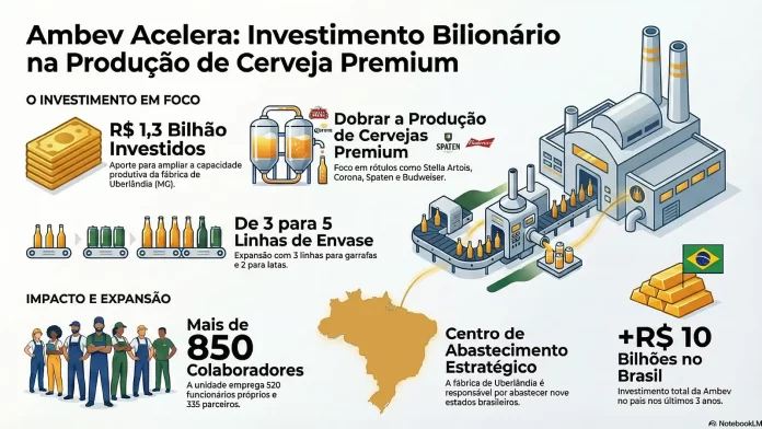 Fábrica Ambev em Uberlândia já recebeu cerca de R$ 2 bilhões em investimentos desde sua inauguração em 2016 (Crédito: Infográfico criado com auxílio de IA / Nobebook LM / Google)