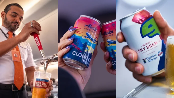 Ambev e a Gol Linhas Aéreas criam carrinho de bordo com chopeira. Companhias aéreas internacionais apostam em cervejas feitas especialmente para serem apreciadas nos voos (Crédito: Divulgação / Imagens tratadas com IA)