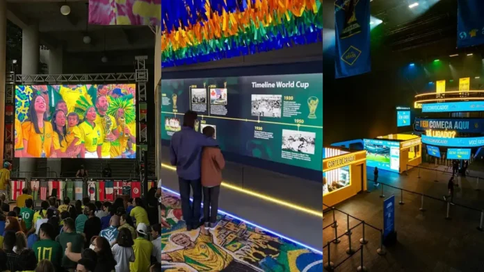 As opções de lugares para assistir os jogos do Brasil aumentaram nessa Copa do Mundo 2026 com cinemas, festas e até museus entrando na onda (Crédito: Arte Guia da Cerveja)