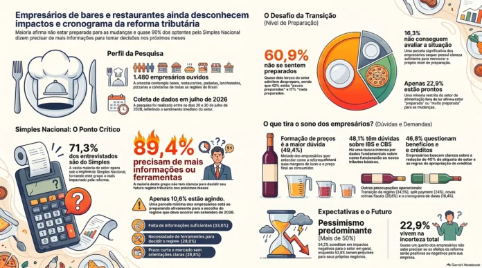 Pesquisa da Associação Brasileira de Bares e Restaurantes (Abrasel) revela retrato preocupante a poucos meses da entrada em vigor das mudanças da reforma tributária (Crédito: arte gerada com IA pelo Guia da Cerveja com informações da Abrasel)
