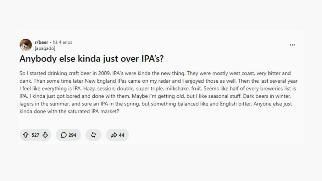 Publicação de 2022 na comunidade r/beer do Reddit com o título "Anybody else kinda just over IPA's?", com 527 votos e 294 comentários